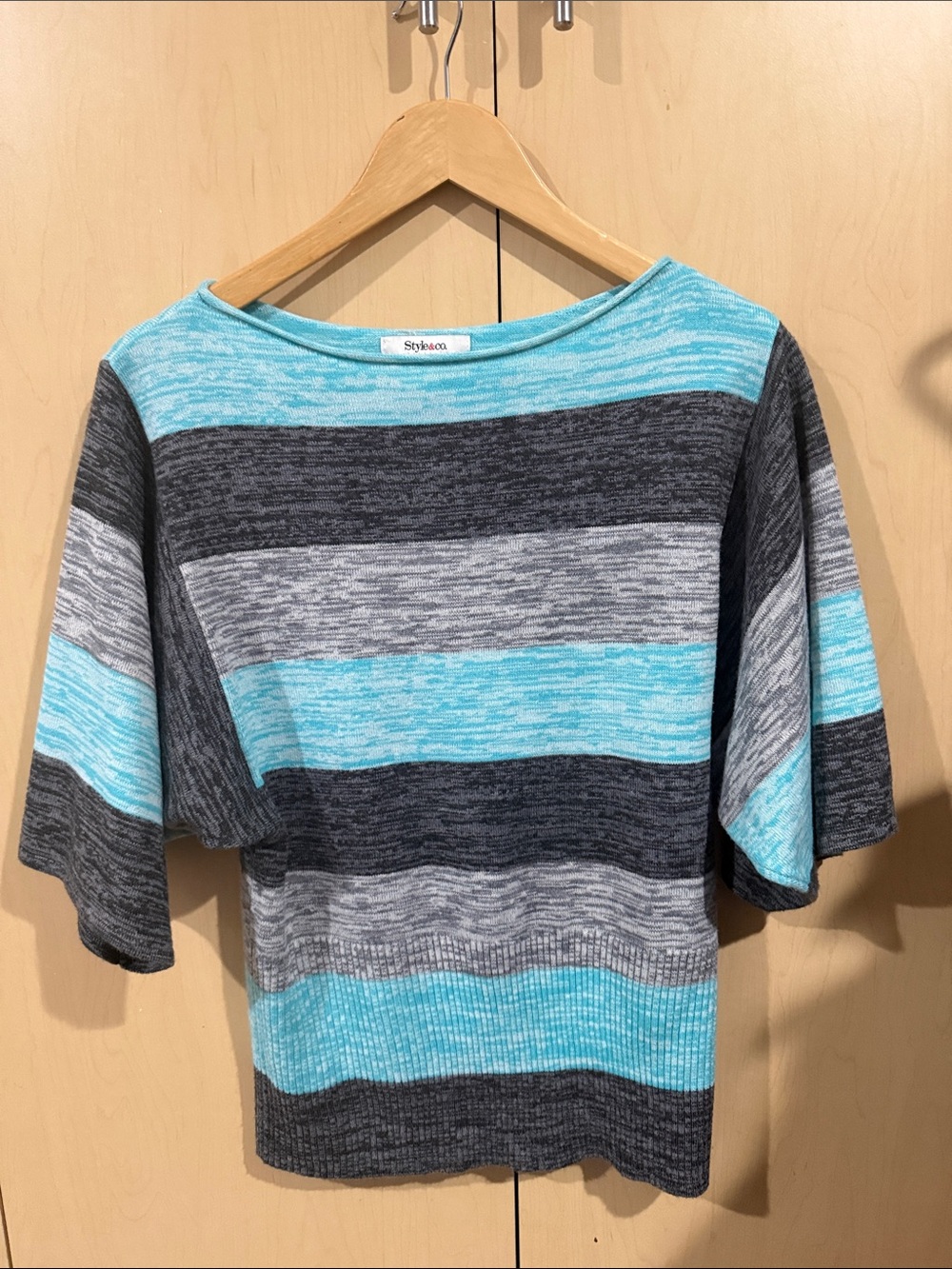 Style & Co. Aqua and Gray Striped Short Sleeve Top